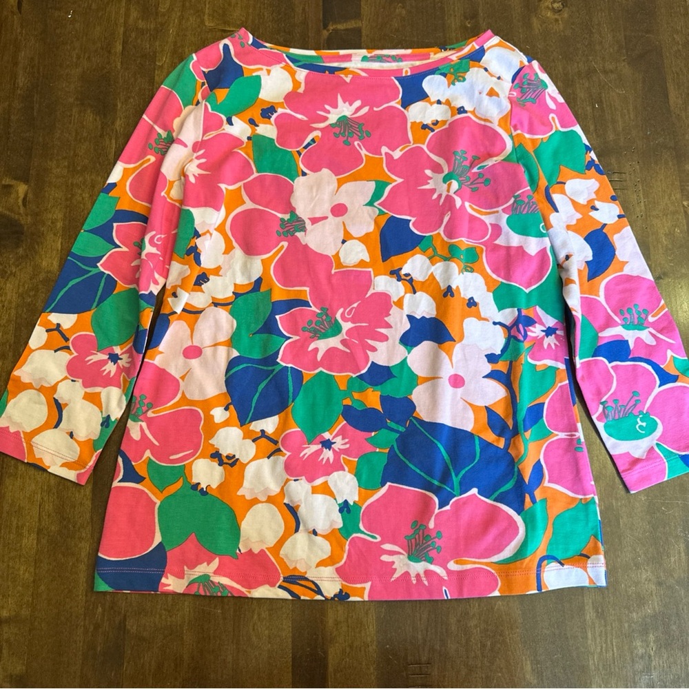 Talbots Womens Tropical Floral 3/4 Sleeve Top Size PS Flowers Travel Office